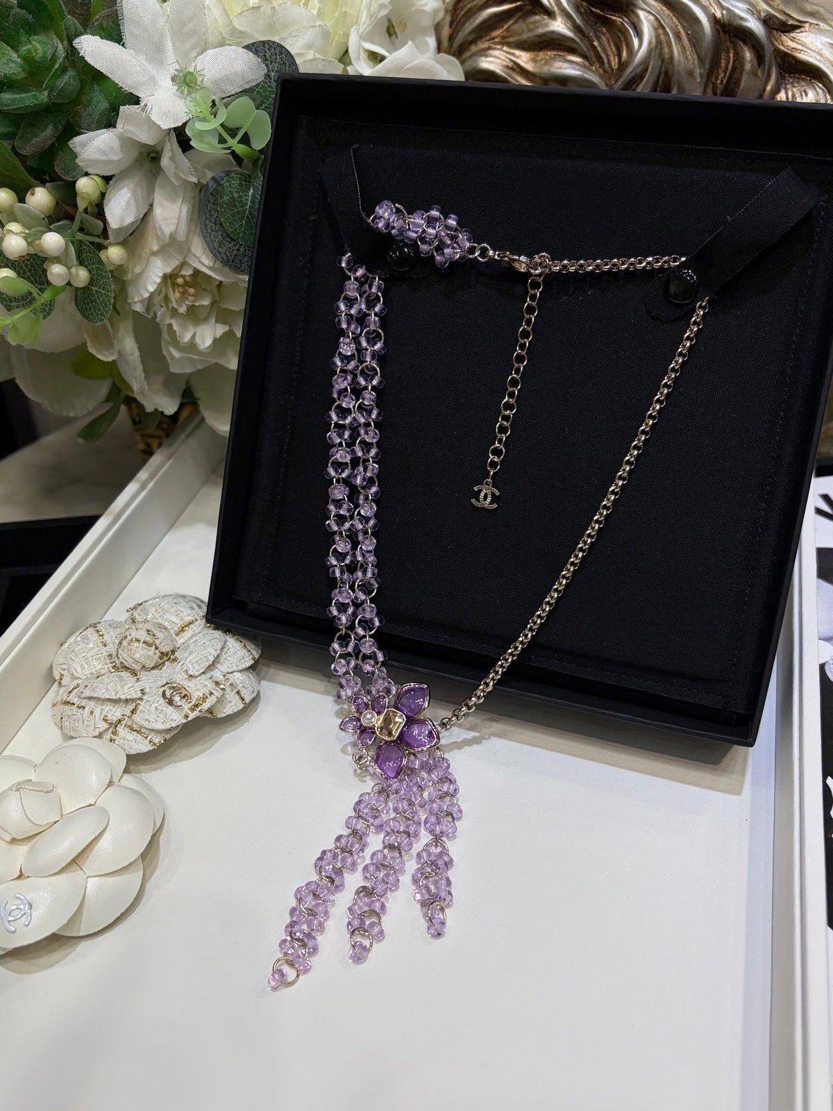 Chanel 2026 Double C Light Purple Beaded Asymmetrical Flower Necklace