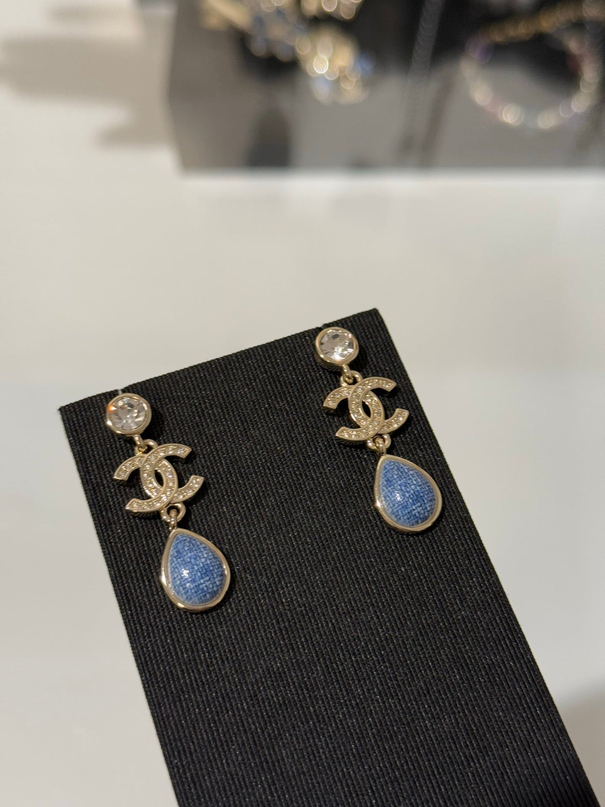 Chanel 2026 Light Gold Round Diamond Double C Teardrop Pendant Denim Earrings